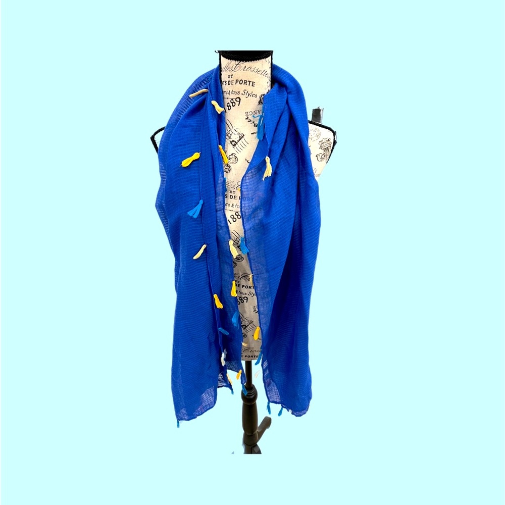 Blue scarf/wrap and or sarong , with yellow fringes. New , never worn